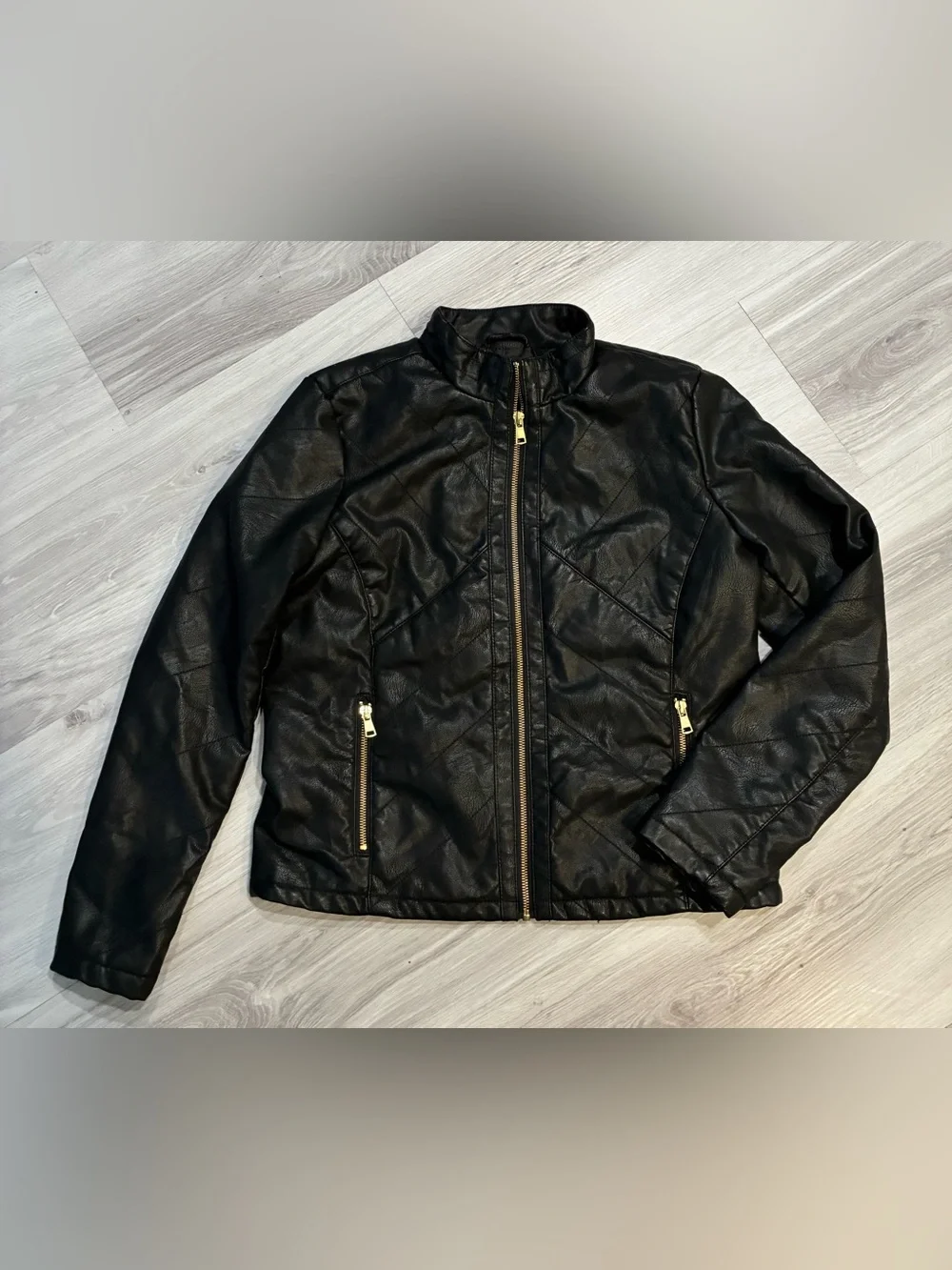 Black Faux‎ Leather Zip Jacket with Gold Hardware